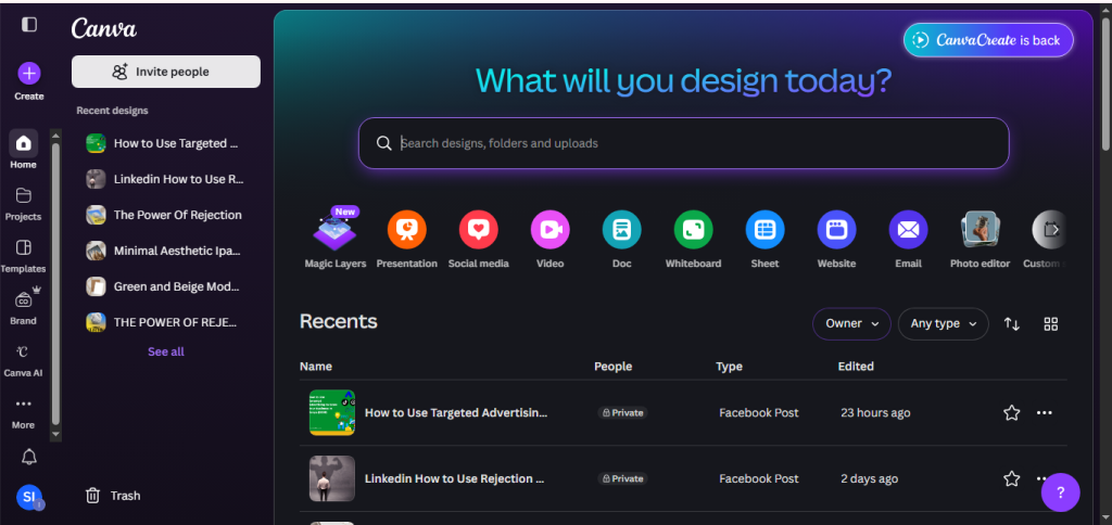 Canva is a free-to-use online graphic design tool. Use it to create social media posts, presentations, posters, videos, logos and more.
