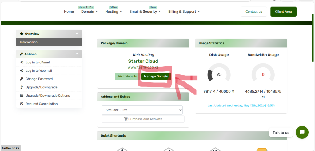 Log in to your domain registrar dashboard (where you bought your domain, like Novahost or Truehost).