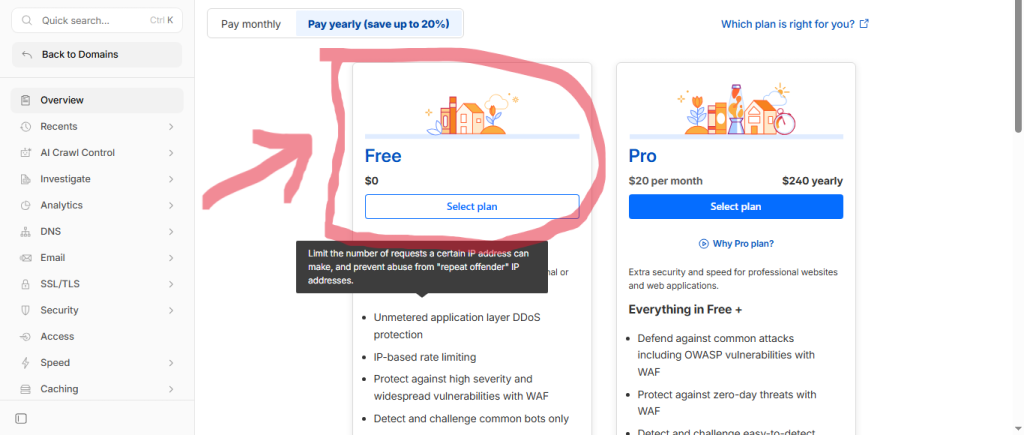 Choose the Free Plan: Scroll down to the bottom; Cloudflare often highlights paid plans, but the Free Plan is more than sufficient for 99% of small businesses.