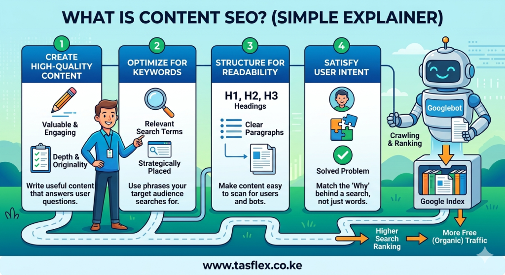 What Is Content SEO? How Content Builds Authority. 2 Illustration explaining content SEO and how optimized content improves search rankings