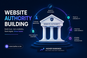 Authority building strategy showing backlinks, trust signals, brand recognition, and improved search rankings