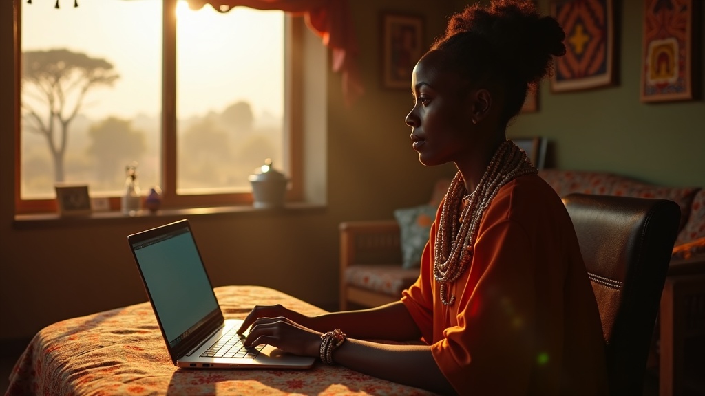 Kenyan entrepreneur in Narok setting up ecommerce website on laptop