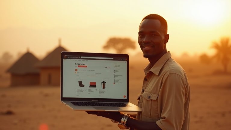 Black Kenyan businesswoman in Turkana using laptop with ecommerce website design software, arid landscape background