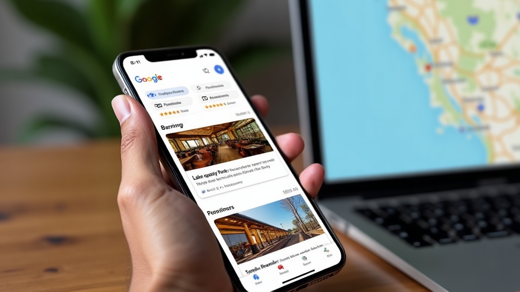 Smartphone showing Google Business Profile dashboard with reviews and photos of a Baringo restaurant