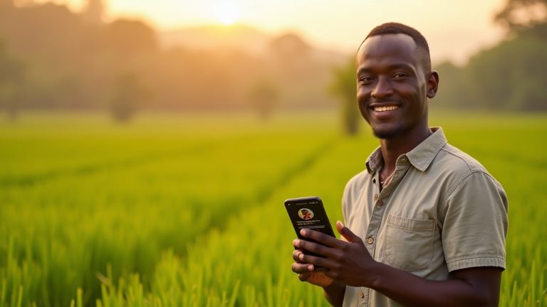Kenyan entrepreneur in Kirinyaga holding smartphone with Google Business Profile and positive reviews, rice fields background