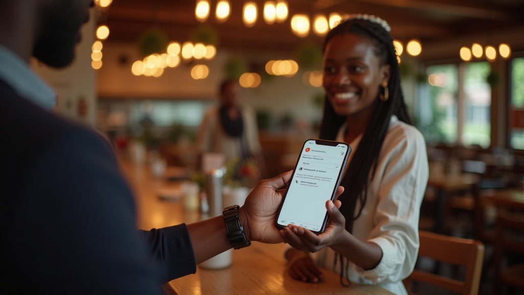 Kenyan waitress in Kirinyaga restaurant asking customer to leave a Google review on smartphone