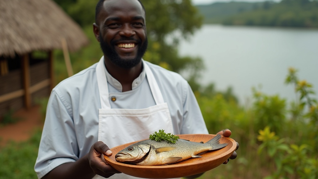 Black Kenyan chef at Dunga Hill Camp in Kisumu serving tilapia fish, photographed for Google Business Profile