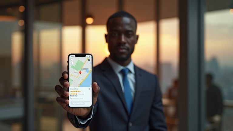 Kenyan business professional holding smartphone with optimized Google Business Profile in Nairobi