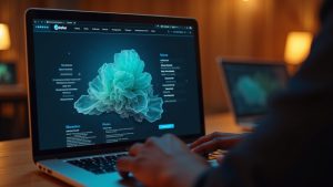 Black Kenyan web designer customizing a glass-morphism website header and navigation menu on a MacBook Pro in a Nairobi co-working space