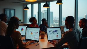 Kenyan SEO professionals in Nairobi office analyzing search engine optimization data