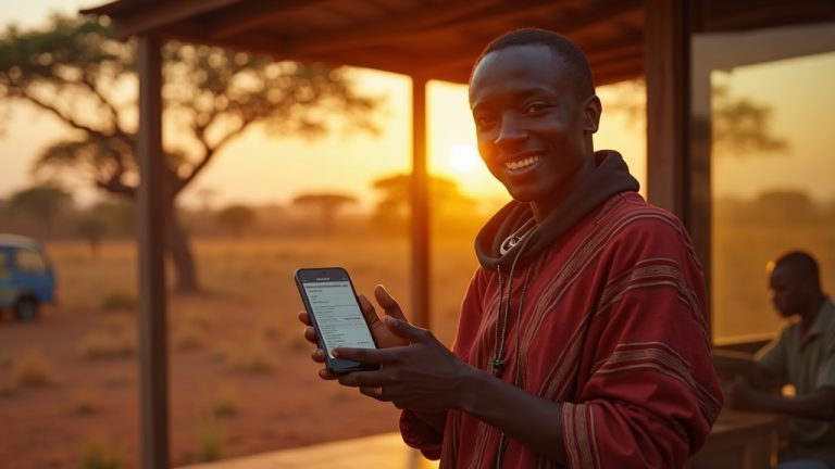 Maasai business owner using smartphone for local SEO in Kajiado with savanna background