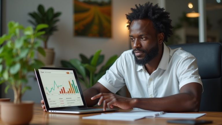 Kenyan business owner analyzing SEO performance in Kiambu office