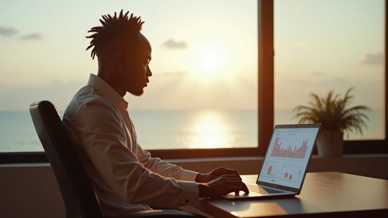 Kenyan business owner reviewing SEO analytics on laptop in Kilifi office