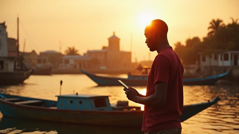 Black Kenyan entrepreneur using smartphone for local SEO in Lamu harbor with dhows and Swahili buildings