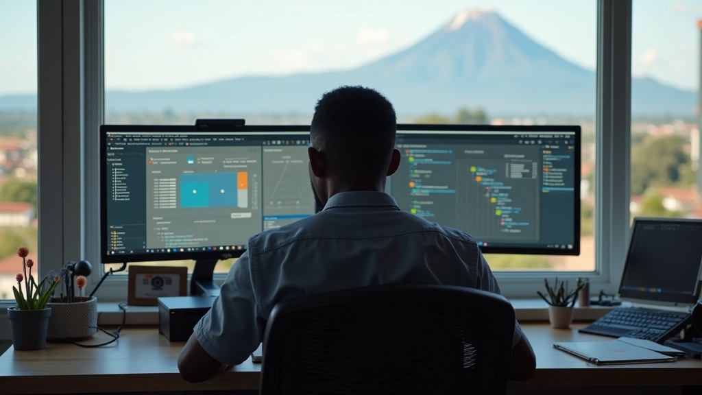 Kenyan web designer working on website design in Meru office with Mount Kenya view