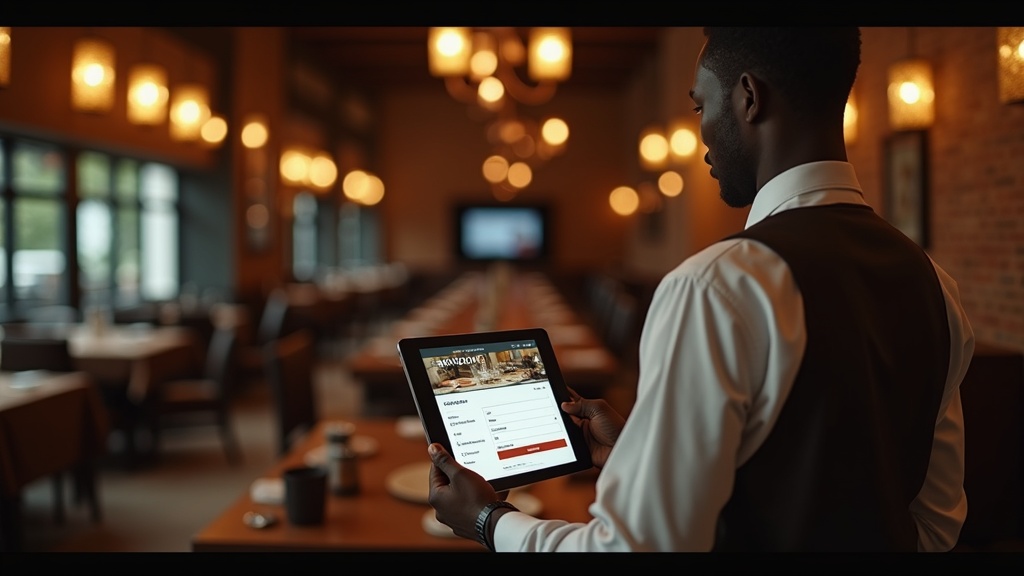 Kenyan waiter using tablet with restaurant website in Nairobi