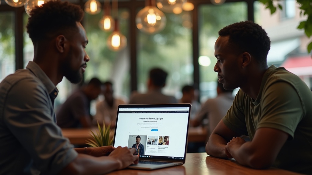 Kenyan web designer and client reviewing website design in a Nairobi cafe