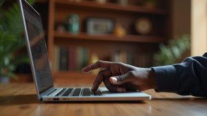 Web designer in Tana River, Kenya, showing a website on a laptop
