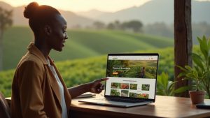 Modern ecommerce website on laptop overlooking Bomet tea plantations