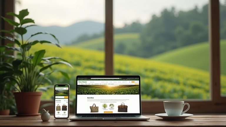 Ecommerce Website Design in Kericho: The 2026 Data-Driven Blueprint for Tea County Online Sales. 29 Ecommerce Website Design in Kericho showing a laptop and smartphone displaying an online store interface with tea products, set against a background of Kericho tea plantations.