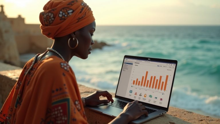 Ecommerce Website Design in Lamu: 2026 Data-Driven Blueprint for Coastal Online Sales Dominance. 7 Black Kenyan entrepreneur reviewing ecommerce website analytics in Lamu with ocean view
