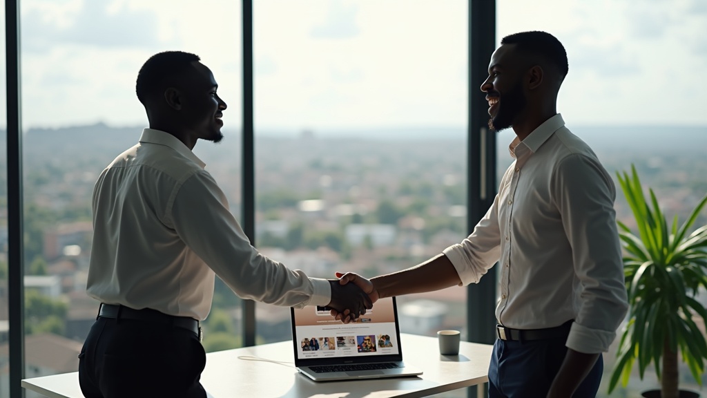 Kenyan web designer shaking hands with Makueni business owner over ecommerce project