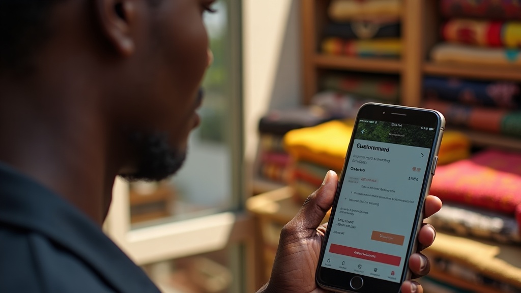 Kenyan businesswoman viewing online orders on phone in Mombasa textile store