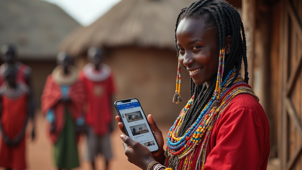 Maasai woman in shuka with smartphone displaying ecommerce store, beads around her