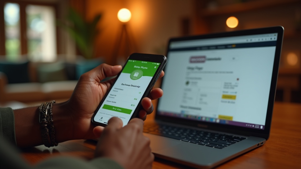 Hand on phone making M-Pesa payment while laptop shows ecommerce checkout