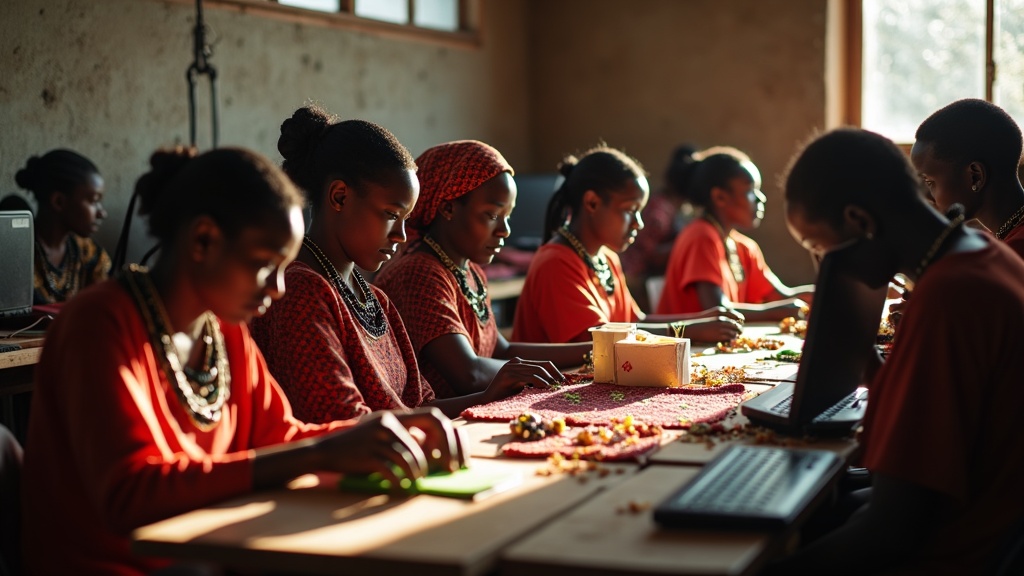 Group of Maasai women in colorful shukas packing beadwork for online orders in Narok workshop