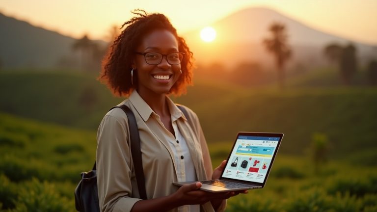 Professional ecommerce website design for Nyeri businesses featuring a Kenyan entrepreneur with tablet and laptop showing online store