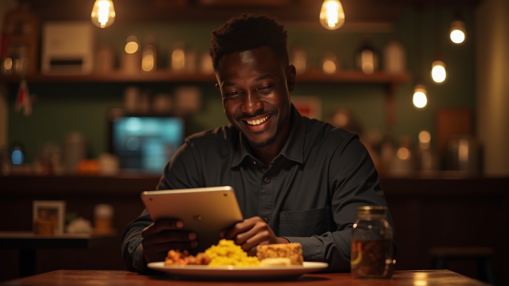 Kenyan restaurant owner in Bungoma checking Google reviews