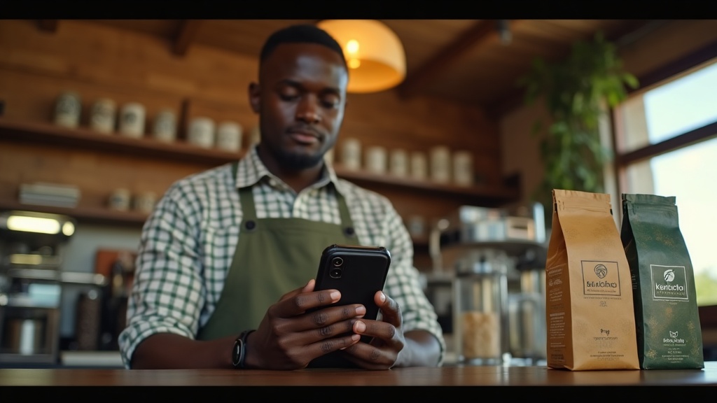 Black Kenyan barista displaying a 5-star Google review in Kericho coffee shop