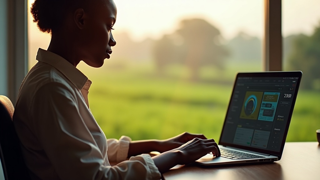 Black Kenyan woman doing keyword research for GBP optimization in Kericho office