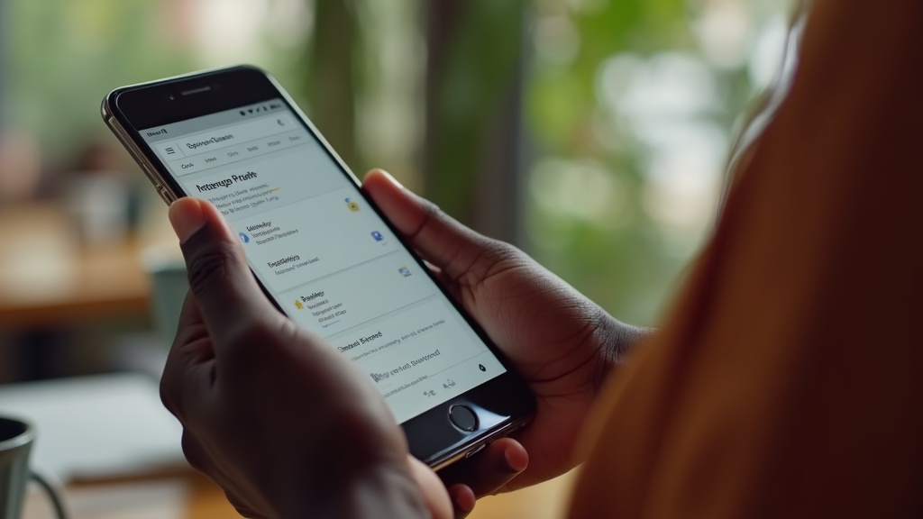 Black Kenyan woman responding to Google reviews on smartphone, Kisumu cafe background