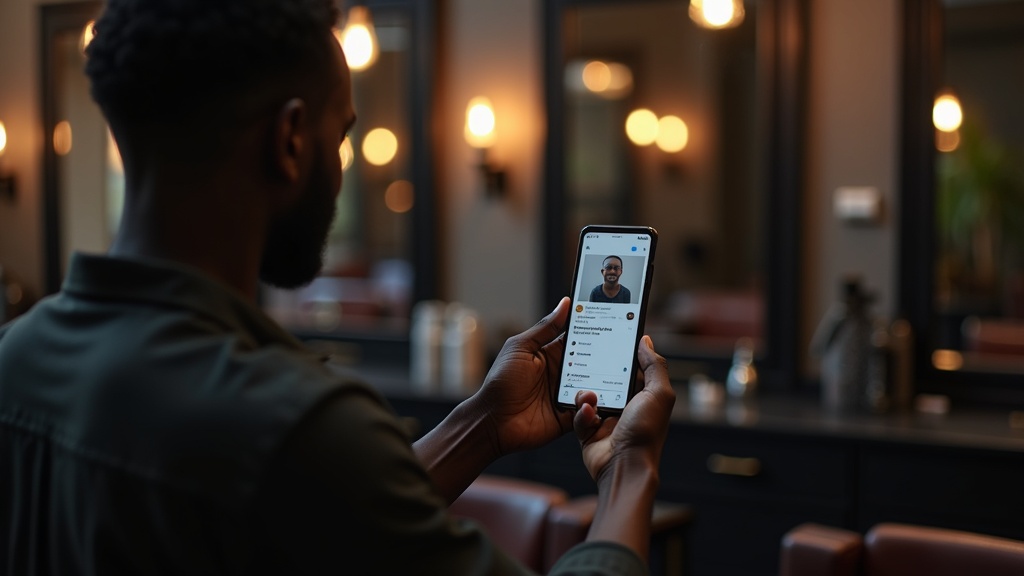 Black Kenyan barber showing Google booking option on phone to customer in Kisumu
