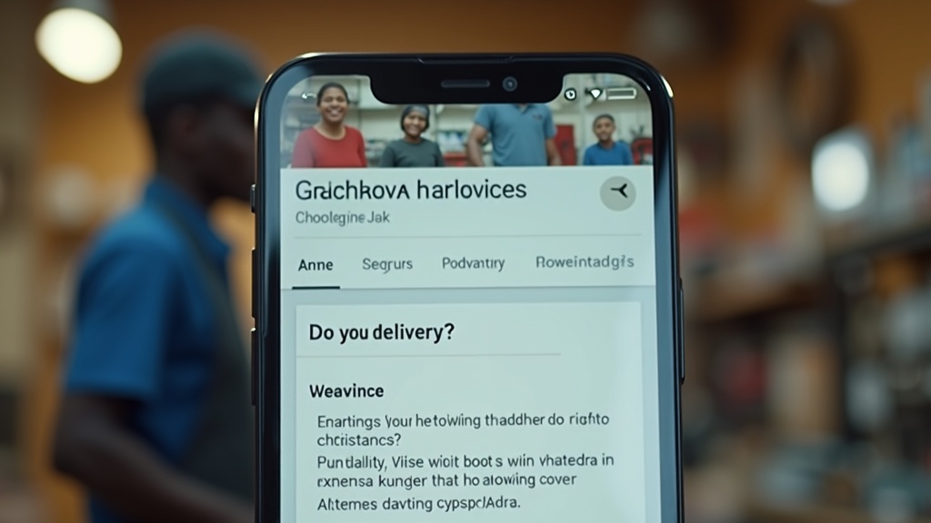 Smartphone showing Google Business Profile Q&A with answers in Swahili and English for a Machakos hardware store