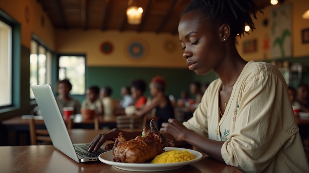 Black Kenyan woman optimizing GBP listing for her Meru restaurant on laptop