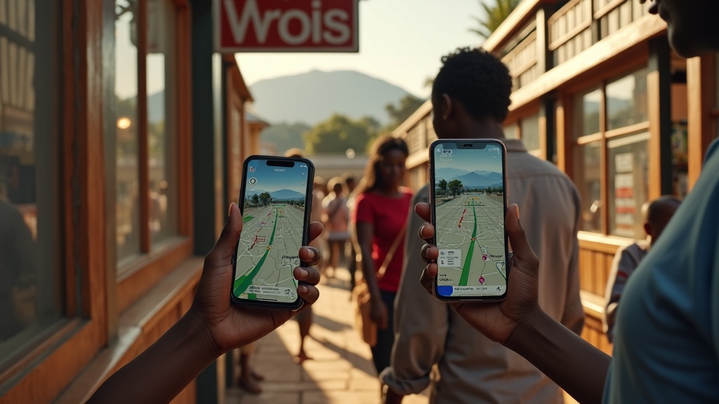 Black Kenyan family using Google Maps on smartphone to navigate to a store in Meru Town