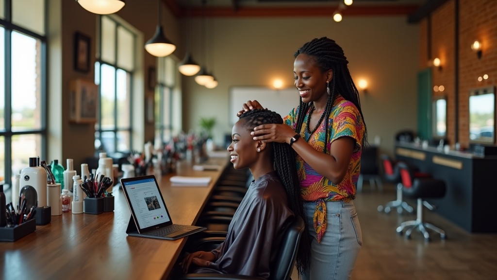 Black Kenyan hair stylist in Meru salon using tablet to update GBP services list