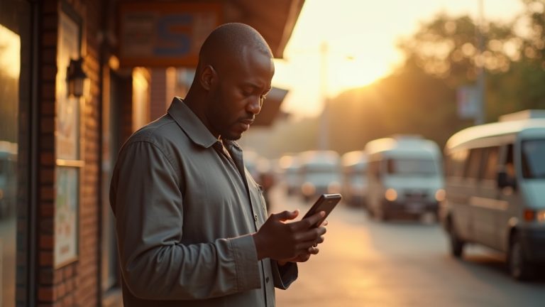 Kenyan business owner optimizing Google Business Profile on smartphone in Murang'a town