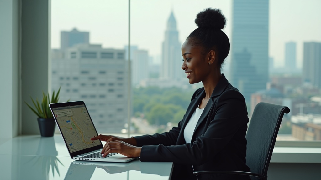 Google Business Profile Optimization in Nairobi: The 2026 Data-Driven Playbook for Local Dominance. 1 Young Black Kenyan businesswoman optimizing her Google Business Profile on a laptop in Nairobi office with city skyline