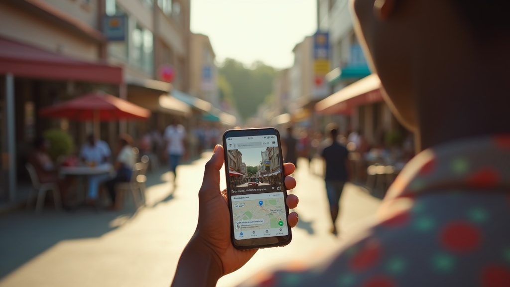 Black Kenyan pedestrian viewing a Google Maps business listing on a smartphone on a busy Nairobi street