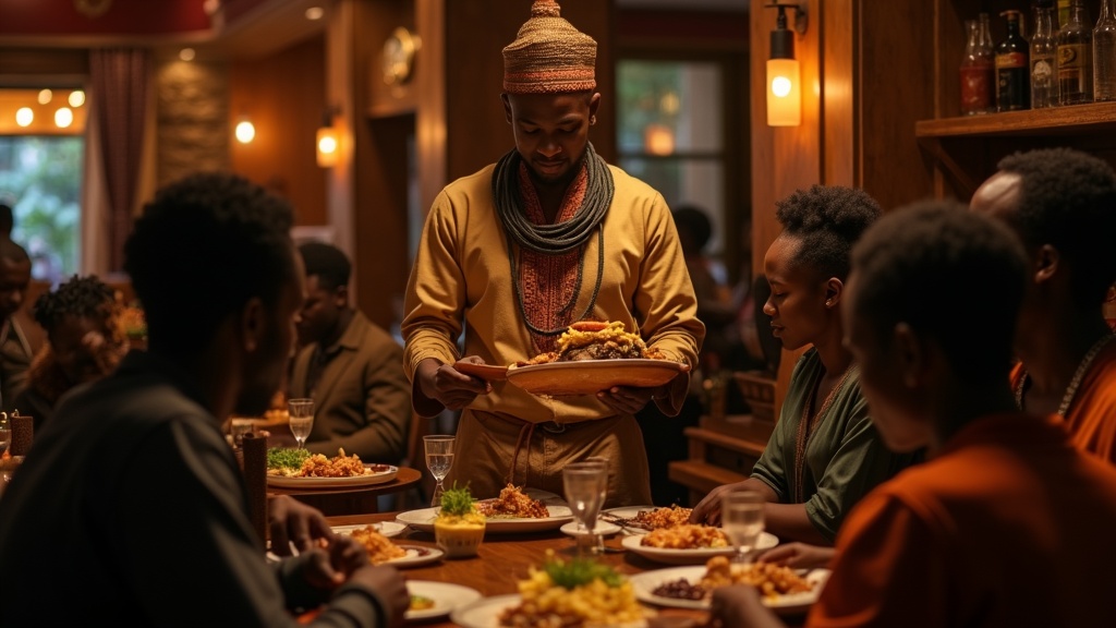Black Kenyan customers dining at a Nairobi restaurant with warm ambiance and traditional decor