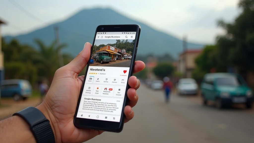 Smartphone displaying optimized Google Business Profile for a Nyeri business with positive reviews