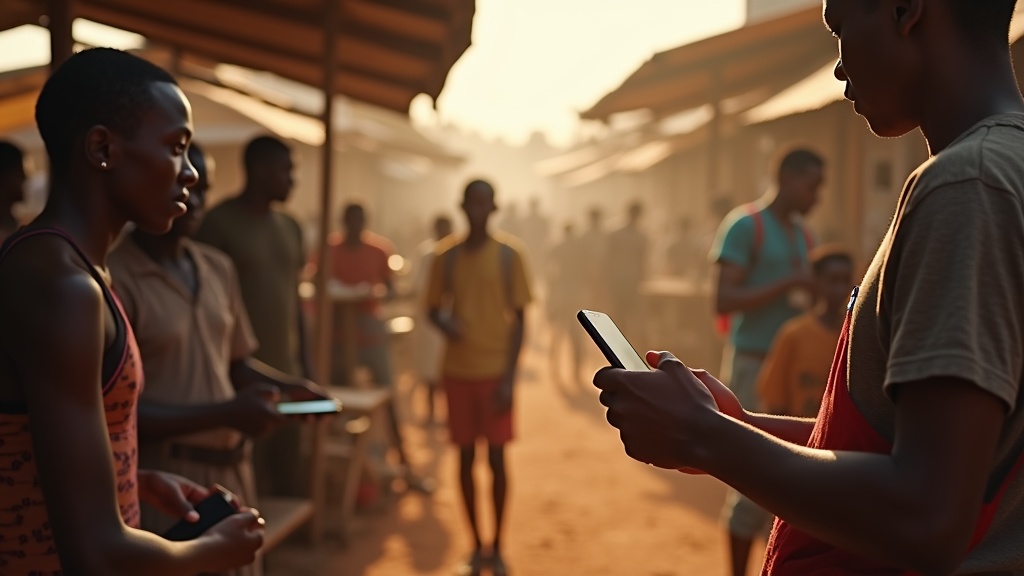 Busy Tana River market scene with vendors using smartphones for local SEO