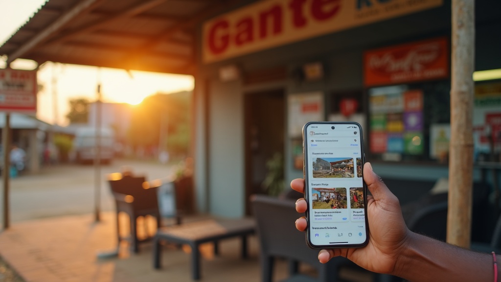 Kenyan business owner in Hola optimizing Google Business Profile on smartphone