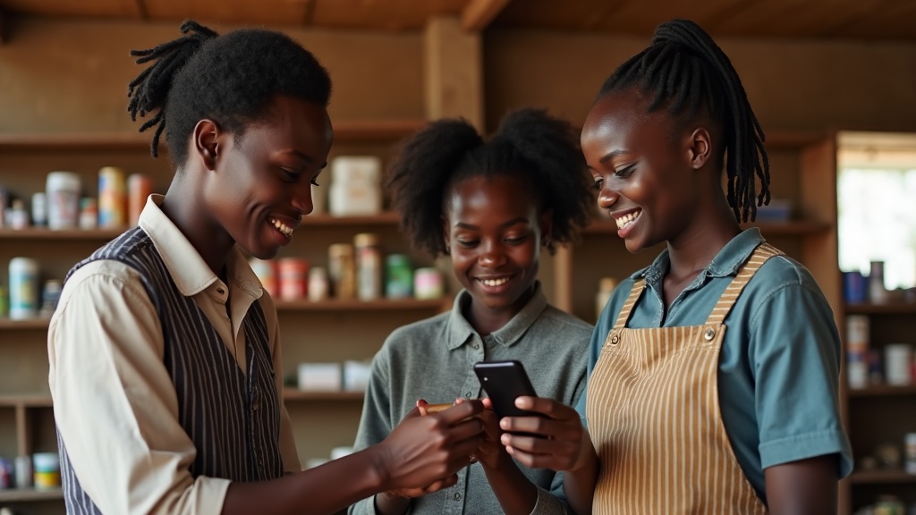 Black Kenyan family using phone to view Google Business Profile in Tharaka-Nithi