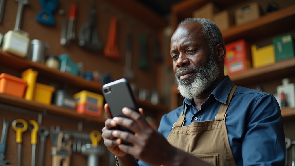 Black Kenyan shopkeeper uploading photos to Google Business Profile in Kitale