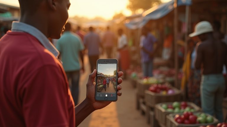 Black Kenyan merchant in Kapenguria market checking Google Business Profile on smartphone